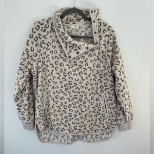 Green Tea Leopard Print Fleece Sweater Mock Neck Side Button Cozy Soft Sz large